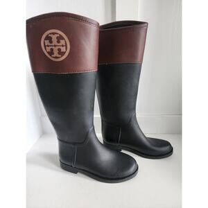 Tory Burch Diana Tall Rubber Rain Boots Womens Size 6 Logo Black Brown Logo